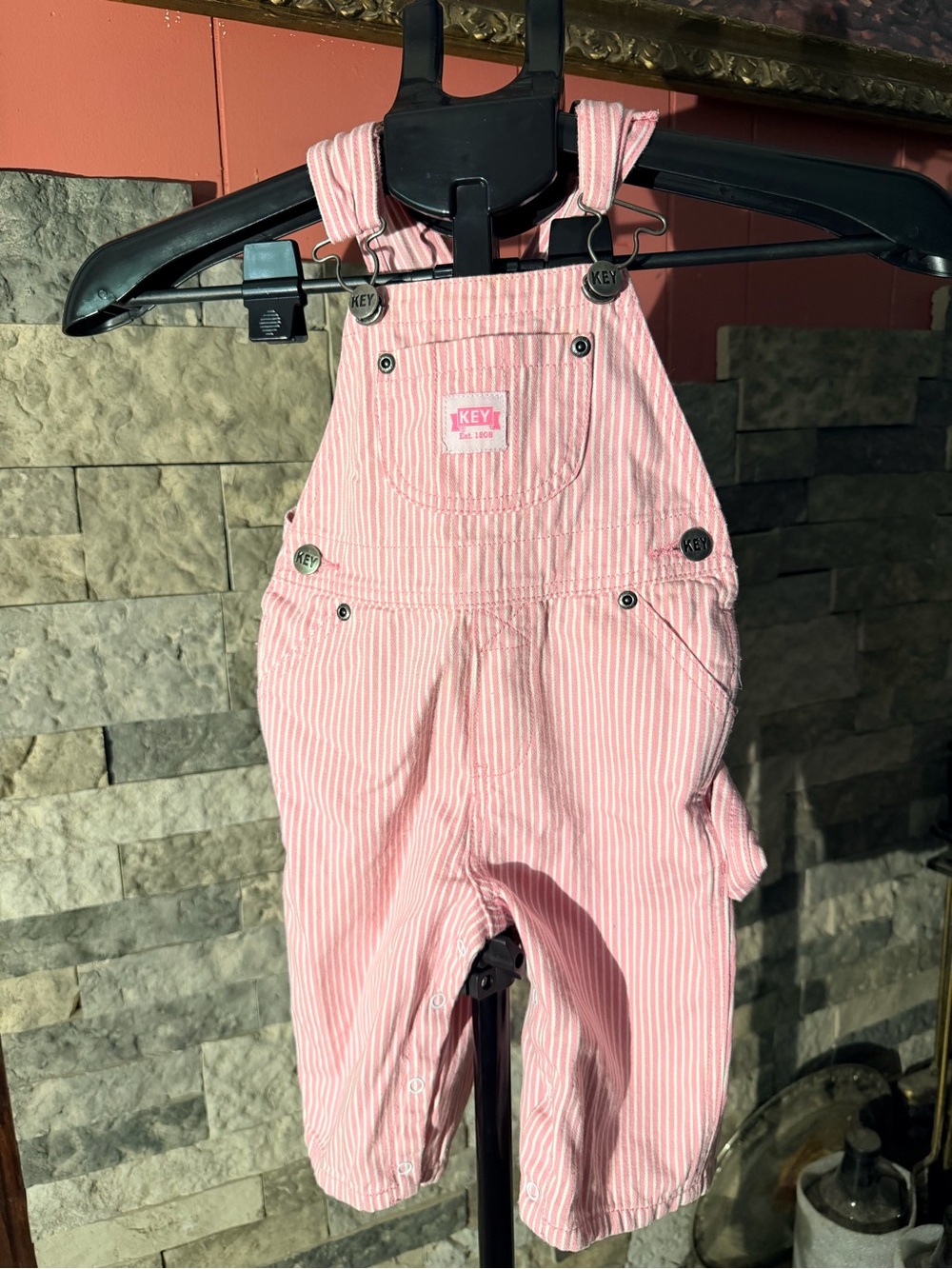 KEY Infant Girl's Pink and White Striped Hickory Denim Bib Overalls